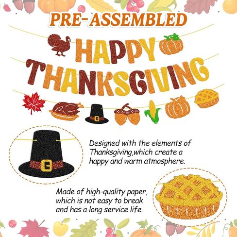 لافتة عيد الشكر السعيدة، عيد الشكر، إكليل الخريف، أوراق القيقب، فطيرة اليقطين، الخريف، تركيا، الحصاد، عيد الشكر، زينة حفلات عيد الشكر in Kuwait