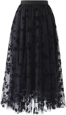 LA12ST Women 3D Posy Double-Layered Skirt Elastic Waist Floral Print Mesh A-Line Midi Skirt in Kuwait