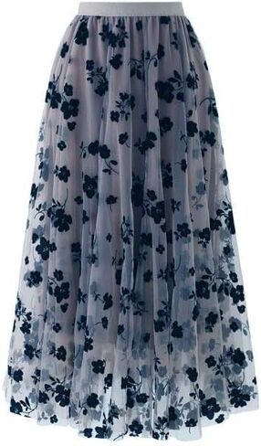 LA12ST Women 3D Posy Double-Layered Skirt Elastic Waist Floral Print Mesh A-Line Midi Skirt in Kuwait