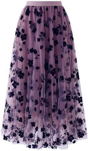 LA12ST Women 3D Posy Double-Layered Skirt Elastic Waist Floral Print Mesh A-Line Midi Skirt in Kuwait