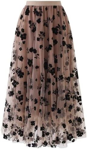 LA12ST Women 3D Posy Double-Layered Skirt Elastic Waist Floral Print Mesh A-Line Midi Skirt in Kuwait