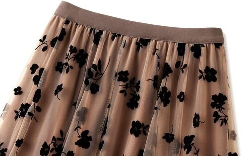 LA12ST Women 3D Posy Double-Layered Skirt Elastic Waist Floral Print Mesh A-Line Midi Skirt in Kuwait