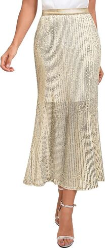 Ficerd Women's Sequin Bodycon Midi Skirt with Zipper Lining Long Mermaid High Waist Sparkly Party Skirts 2024 Trendy (S-3XL) in Saudi Arabia