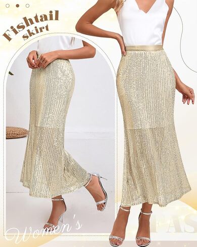 Ficerd Women's Sequin Bodycon Midi Skirt with Zipper Lining Long Mermaid High Waist Sparkly Party Skirts 2024 Trendy (S-3XL) in Saudi Arabia