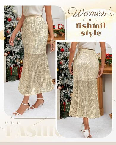 Ficerd Women's Sequin Bodycon Midi Skirt with Zipper Lining Long Mermaid High Waist Sparkly Party Skirts 2024 Trendy (S-3XL) in Saudi Arabia