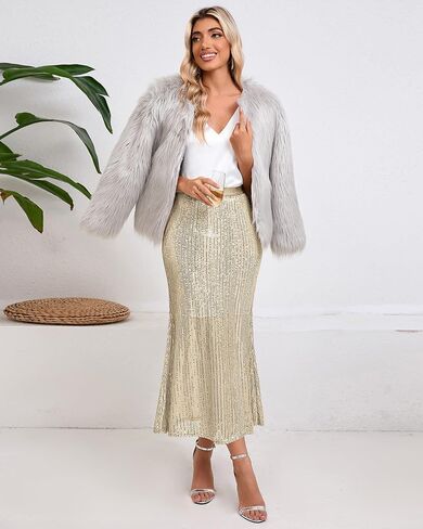 Ficerd Women's Sequin Bodycon Midi Skirt with Zipper Lining Long Mermaid High Waist Sparkly Party Skirts 2024 Trendy (S-3XL) in Saudi Arabia