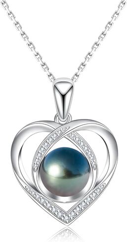 Genuine Tahitian Black Pearl with Moissanite Heart Pendant Necklace, AAA Handselected Black Pearls, D Color Moissanite, 18K White Gold Plated Sterling Silver, 45+2+3mm Adjustable Chain in Saudi Arabia