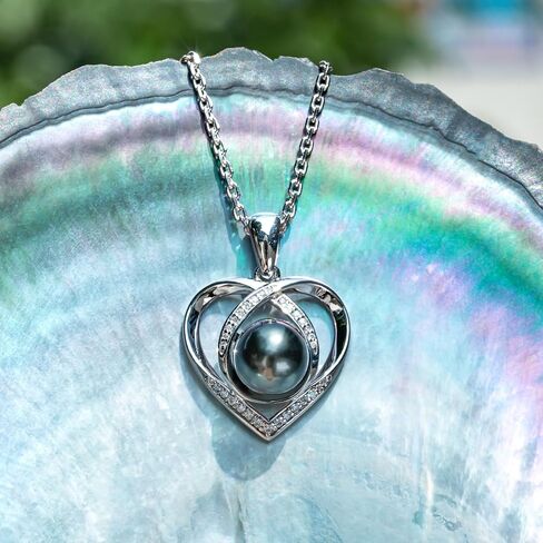 Genuine Tahitian Black Pearl with Moissanite Heart Pendant Necklace, AAA Handselected Black Pearls, D Color Moissanite, 18K White Gold Plated Sterling Silver, 45+2+3mm Adjustable Chain in Saudi Arabia