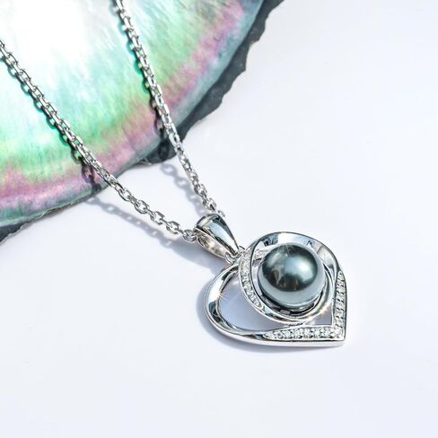 Genuine Tahitian Black Pearl with Moissanite Heart Pendant Necklace, AAA Handselected Black Pearls, D Color Moissanite, 18K White Gold Plated Sterling Silver, 45+2+3mm Adjustable Chain in Saudi Arabia