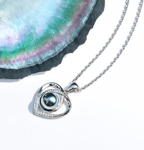 Genuine Tahitian Black Pearl with Moissanite Heart Pendant Necklace, AAA Handselected Black Pearls, D Color Moissanite, 18K White Gold Plated Sterling Silver, 45+2+3mm Adjustable Chain in Saudi Arabia