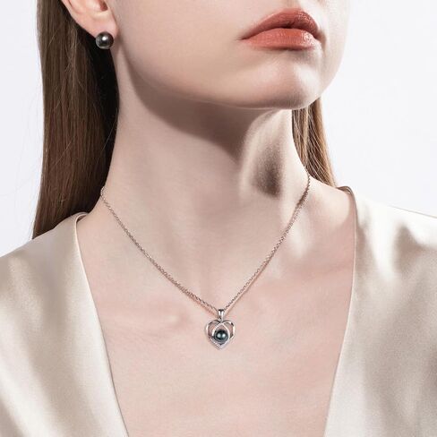 Genuine Tahitian Black Pearl with Moissanite Heart Pendant Necklace, AAA Handselected Black Pearls, D Color Moissanite, 18K White Gold Plated Sterling Silver, 45+2+3mm Adjustable Chain in Saudi Arabia