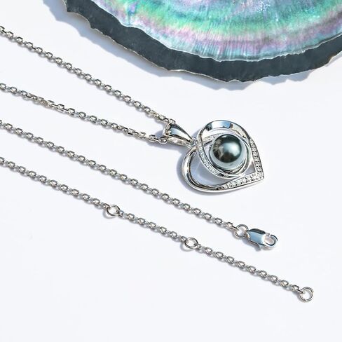 Genuine Tahitian Black Pearl with Moissanite Heart Pendant Necklace, AAA Handselected Black Pearls, D Color Moissanite, 18K White Gold Plated Sterling Silver, 45+2+3mm Adjustable Chain in Saudi Arabia