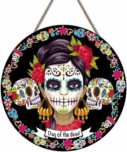 إكليل يوم الموتى، El Día de Los Muertos Door Sgin لواجهة الباب، المكسيك جمجمة السكر فريدا مع الزهور، 12 × 12 بوصة (يوم الموتى) in Kuwait