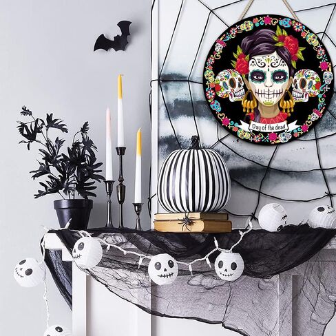 إكليل يوم الموتى، El Día de Los Muertos Door Sgin لواجهة الباب، المكسيك جمجمة السكر فريدا مع الزهور، 12 × 12 بوصة (يوم الموتى) in Kuwait
