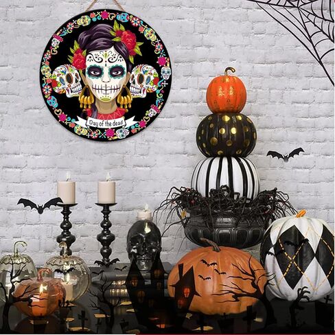 إكليل يوم الموتى، El Día de Los Muertos Door Sgin لواجهة الباب، المكسيك جمجمة السكر فريدا مع الزهور، 12 × 12 بوصة (يوم الموتى) in Kuwait