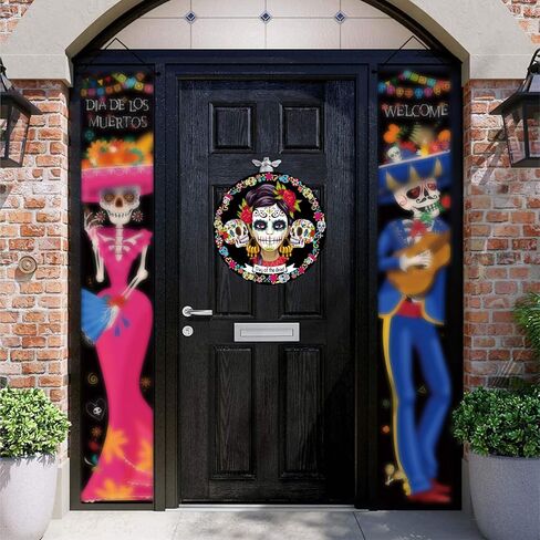 إكليل يوم الموتى، El Día de Los Muertos Door Sgin لواجهة الباب، المكسيك جمجمة السكر فريدا مع الزهور، 12 × 12 بوصة (يوم الموتى) in Kuwait
