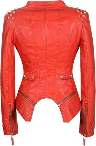 Women's classic Lapel dovetail rivet leather jacket casual personality fashion sexy punk Motorcycle Jacket (XL, Red) in Kuwait
