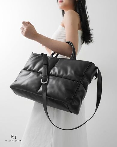RILEY Large Puffy Bag, Black, Puffer Tote Bag, Soft Leather Crossbody Bags for Women, Simple Modern Puffy Bag, Work Bags for Women Tote Professional, Puffer Purse, Quilted Top Handle Satchel Bag in Saudi Arabia