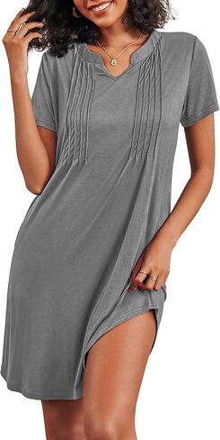 Ekouaer Nightgowns for Women Short Sleeve Sleepshirt Pleated Night Shirt V Neck Sleepdress House Dress with Pockets in Kuwait