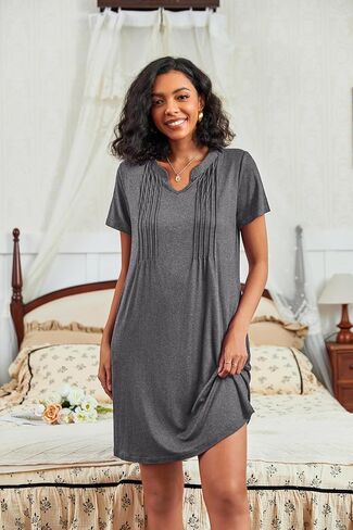 Ekouaer Nightgowns for Women Short Sleeve Sleepshirt Pleated Night Shirt V Neck Sleepdress House Dress with Pockets in Kuwait