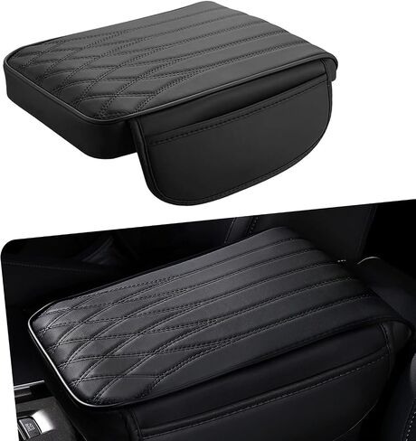 1 PC Car Center Console Armrest Cover, 12.59" x 8.66" x 1.96" Leather + Memory Foam Non-slip Pressure Relief Protective Armrest Pad with Pocket on Both Sides, Suitable for Cars (Black) in Saudi Arabia