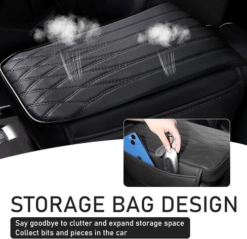 1 PC Car Center Console Armrest Cover, 12.59" x 8.66" x 1.96" Leather + Memory Foam Non-slip Pressure Relief Protective Armrest Pad with Pocket on Both Sides, Suitable for Cars (Black) in Saudi Arabia