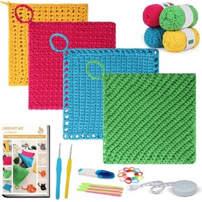 Aeelike Dishcloth Crochet Kit, Crochet Kit for Beginners Adults Learn to Crochet Coasters with Soft Yarns Crochet Hooks Size E/4 G/6 Detailed Instructions, Crochet Starter Kit with 4 Crochet Patterns