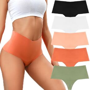 RUNYA Womens Underwear High Waisted Seamless Thongs for Women Breathable No Show Panties for Ladies 5 Pack
