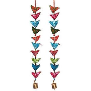 Alwish India Floral Cotton Stuffed Small Birds in Vibrant Design Stringed with Beads Brass Bell Door Hanging Assorted Set of 2 Pcs