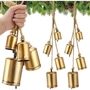 Set of 2 Rustic Gold Bells Hanging Farmhouse Christmas Decorations Lucky Cow Bells on Rope Vintage Brass Bells for Crafts Wreaths, Garland, Christmas Ornaments, Mantle, Doors, Wall