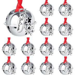 Snowflake Believe Jingle Bells, 12 Pieces Polar Express Santa Sleigh Bells, Christmas Silver Bell Ornaments Stocking Stuffer Christmas Eve Box Filler Holiday Decorations - (1.4inch/35mm)