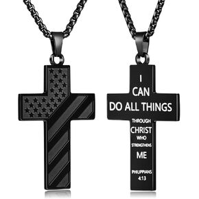 Fiusem Cross Necklace for Men, Inspirational Bible Verse American Flag Cross Chain, Stainless Steel Cross Pendant Necklace Jewelry