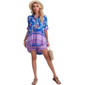 Women's Boho 2 Piece Outfit Floral Open Front Tropical Tunic Blouse and Shorts Set