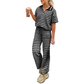 Imily Bela Womens 2 Piece Outfits Striped Short Sleeve Sweater Tops Knit Sets Wide Leg Pants Lounge Set