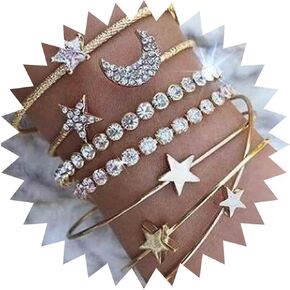 Layered Moon Star Bracelet Gold Rhinestone Chain Bracelet Tennis Chain Bracelet Open Cuff Bracelet Vintage Crystal Bracelet Hand Chain Jewelry for Women 4Pcs