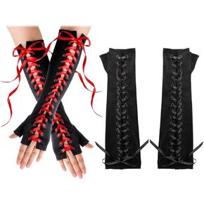 2 Pairs Fingerless Lace Up Gloves, Satin Long Opera Party Gloves, Stretchy Costume Elbow Arm Warmer, 1920s Tea Party Gloves, Gothic Punk Elbow Bridal Dance Gloves for Women (Black & Red)