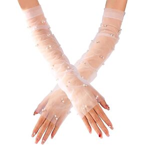 GORTIN Pearl Wedding Long Gloves White Tulle Elbow Length Gloves Bridal Fingerless Gloves Halloween Opera Costume Glove for Women