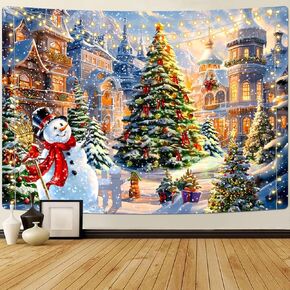Invoibler Christmas Tapestry Xmas Tree Snowman Tapestries Winter Snow Christmas Decorations Happy New Year Backdrop Decor Large Castle Tapestry Wall Hanging for Bedroom(51.2 x 59.1 inches)