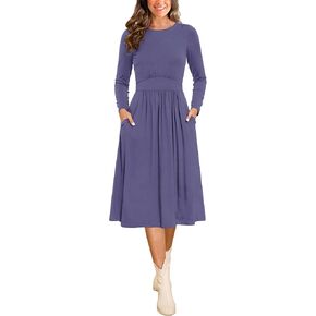 Annebouti Womens Fall Winter Midi Dress with Pockets Solid Flowy Wedding Guest A Line Long Sleeve Dress