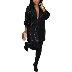 qfmqkpi Women Sequin Button Down Shirt Dress Sparkly Collared Long Sleeve Glitter Mini Dresses