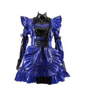 Women French Maid PVC Lockable Blue Dress Two Ways Wear Long or Short Sleeves