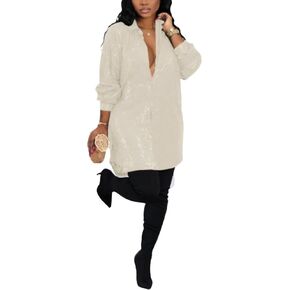 qfmqkpi Women Sequin Button Down Shirt Dress Sparkly Collared Long Sleeve Glitter Mini Dresses