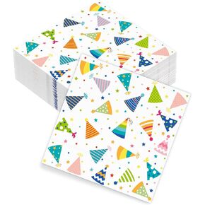 DYLIVeS Birthday Napkins 50 Count, Hats Off Birthday Hats Paper Napkins 3-ply Disposable Luncheon Napkins for Adults Kids Birthday Party Supplies Decorations, 6.5 Inch