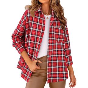 PRETTYGARDEN Women's Fall Button Down Plaid Shirts Collared Long Sleeve Loose Fit Cotton Casual Going Out Tops Blouses