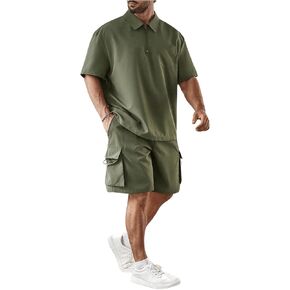 Men's Plus Size Two Piece Collared Neck Half Zipper T Shirts and Drawstring Shorts Clothing Set