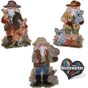 Mill Hill Down Under Santa Set (2023)! Set of 3 Beaded Cross Stitch Kits Including Koala, Kiwi and Kangaroo Santas, Plus Decorative 'Needleworker' Sticker