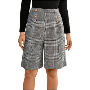 MakeMeChic Women's Plaid Bermuda Shorts Elastic Waist Wide Leg Button Front Elegant Work Office Shorts