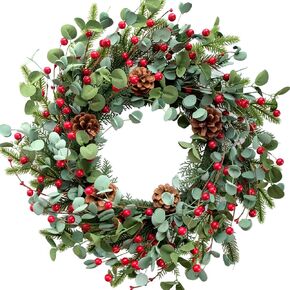 Idyllic Eucalyptus Wreath for Front Door,20" Red Berries Christmas Wreath with Pine Cones, Decorations for Everyday Farmhouse Window Outdoor/Indoor