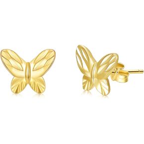 Solid 14K Gold Flying Butterfly Earrings for Women, 14kt Real Gold Diamond-cut Cute Butterfly Stud Earrings Birthday Christmas Gifts for Mom Her Wife Girlfriend