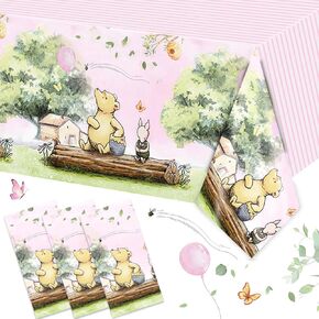 3PCS Winnie Baby Shower Tablecloths Pink Classic Pooh Bear Party Tablecloth Disposable Thickened Plastic Table Cover for Boy Kids 1st 2rd Birthday the Pooh Themed Party Decorations（54x108in）